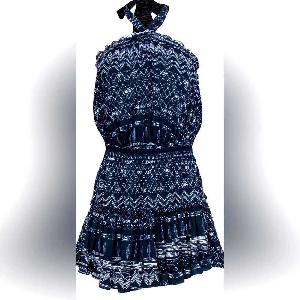 MISA Tie Neck Ruffle Mini Dress